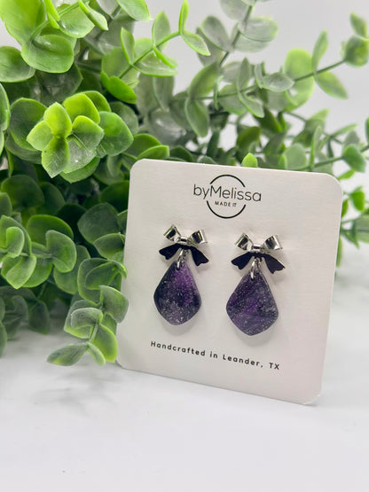 Purple and Black Petite Kite Earrings with Silver Bow Studs