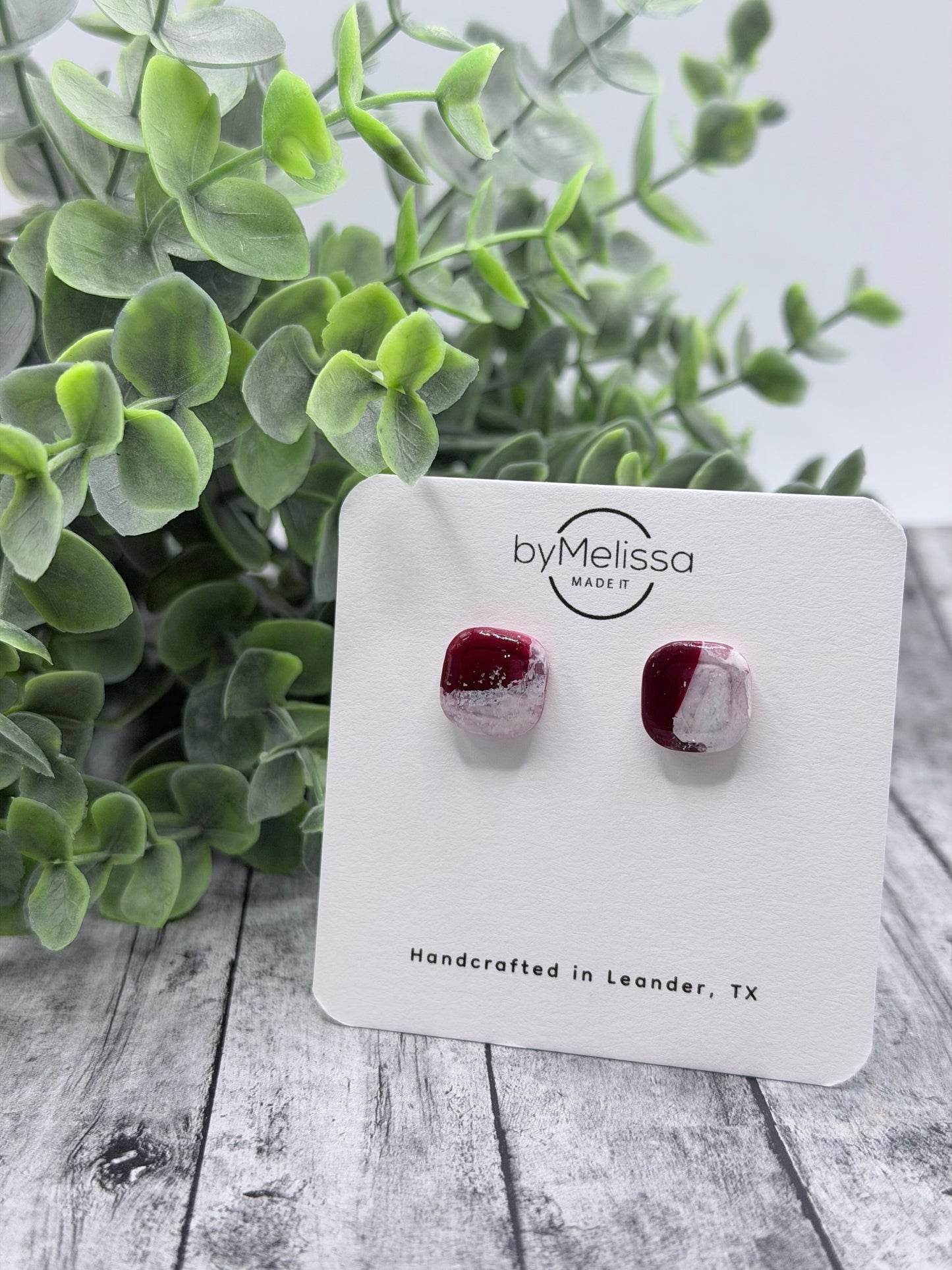 Maroon and White Small Embedded Square Stud Earrings
