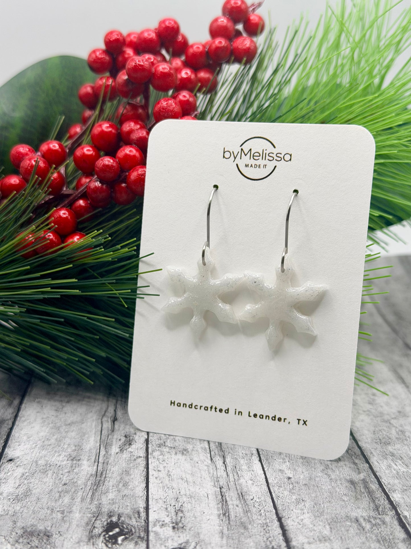 White and Silver Snowflake Drop Earrings