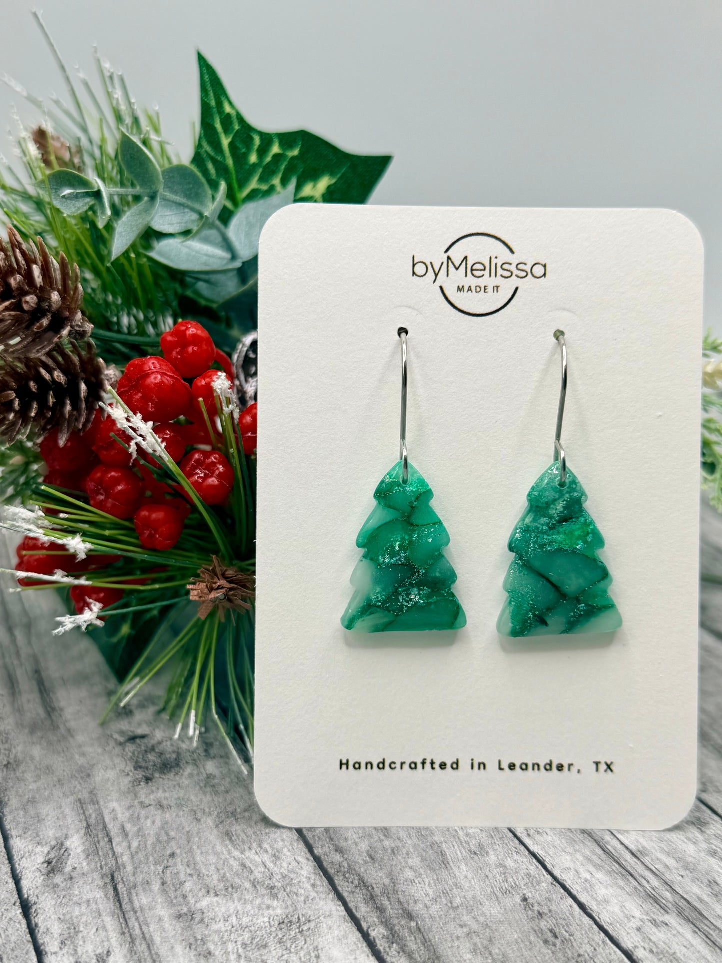 Green Christmas Tree Drop Earrings in Silver
