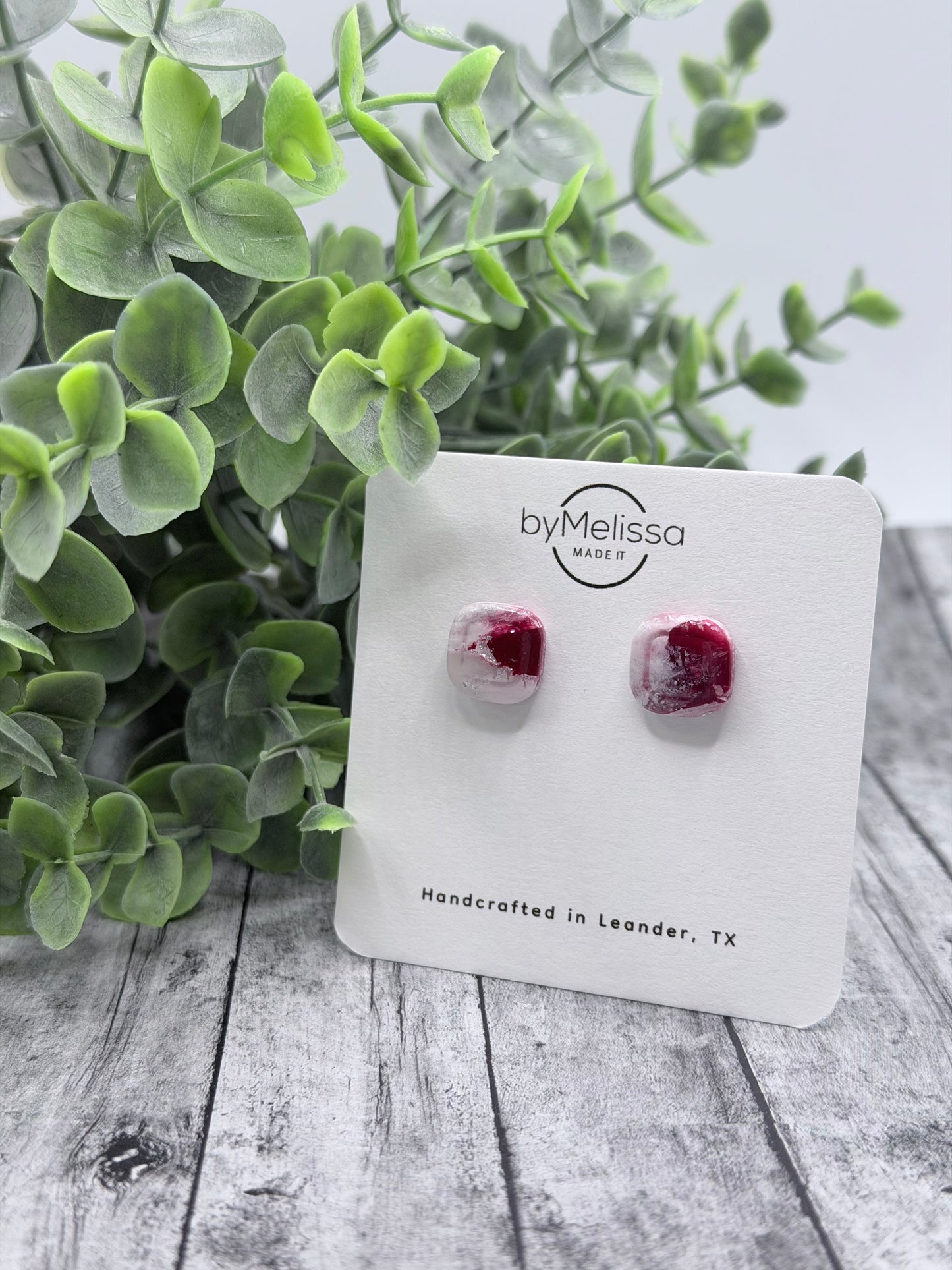 Maroon and White Small Embedded Square Stud Earrings