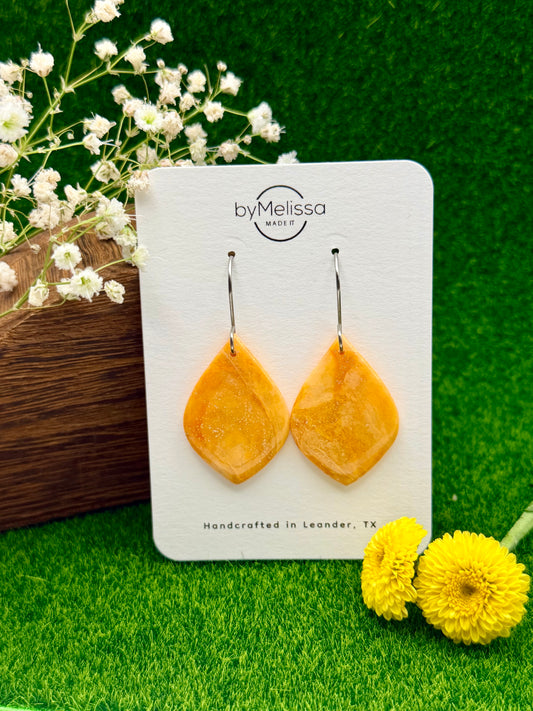 Orange Small Wide Leaf Drop Earrings in Silver