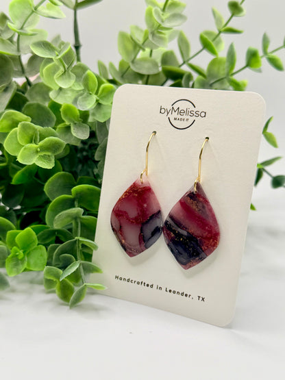 Maroon and Black Small Wide Leaf Drop Earrings in Gold