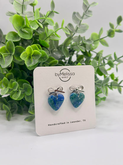 Forest Green and Blue Heart Bowknot Earrings in Silver