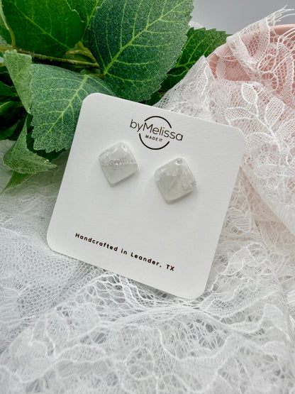 White and Silver Rounded Square Stud Earrings
