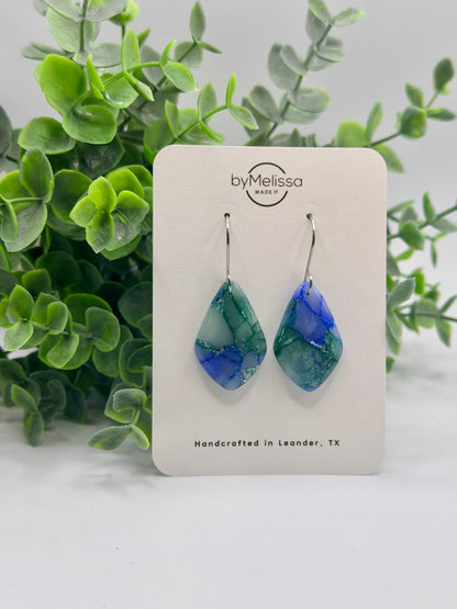 Forest Green and Blue Small Kite Drop Earrings in Silver