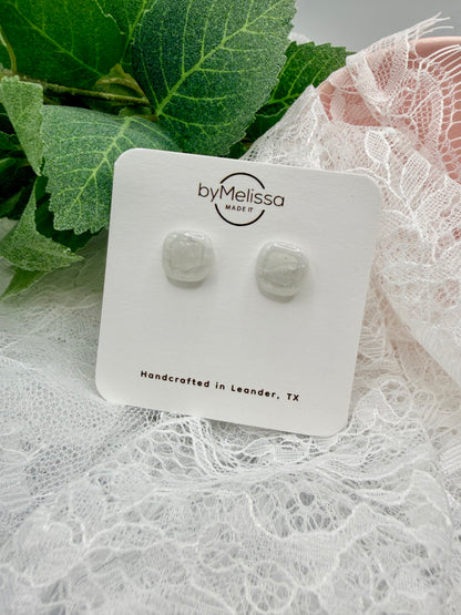 White and Silver Small Embedded Square Stud Earrings