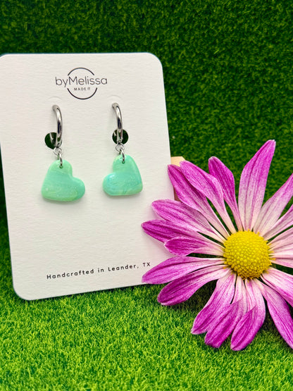 Lime and Turquoise Heart Huggie Hoop Earrings