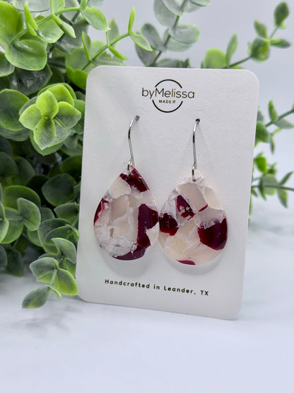 Maroon and White Small Wide Teardrop Drop Earrings in Silver