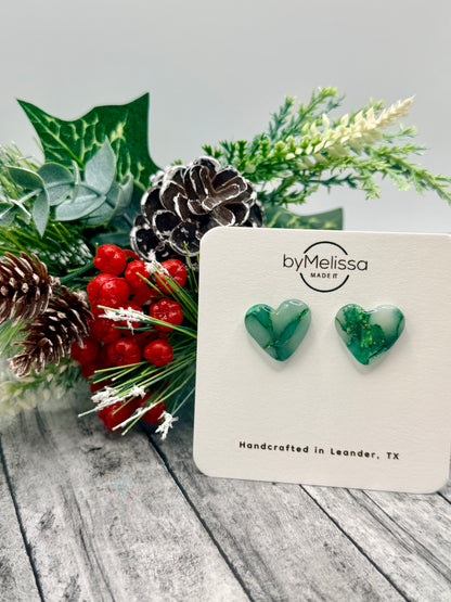 Green and Gold Heart Stud Earrings