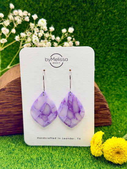 Purple Small Wide Leaf Drop Earrings in Silver