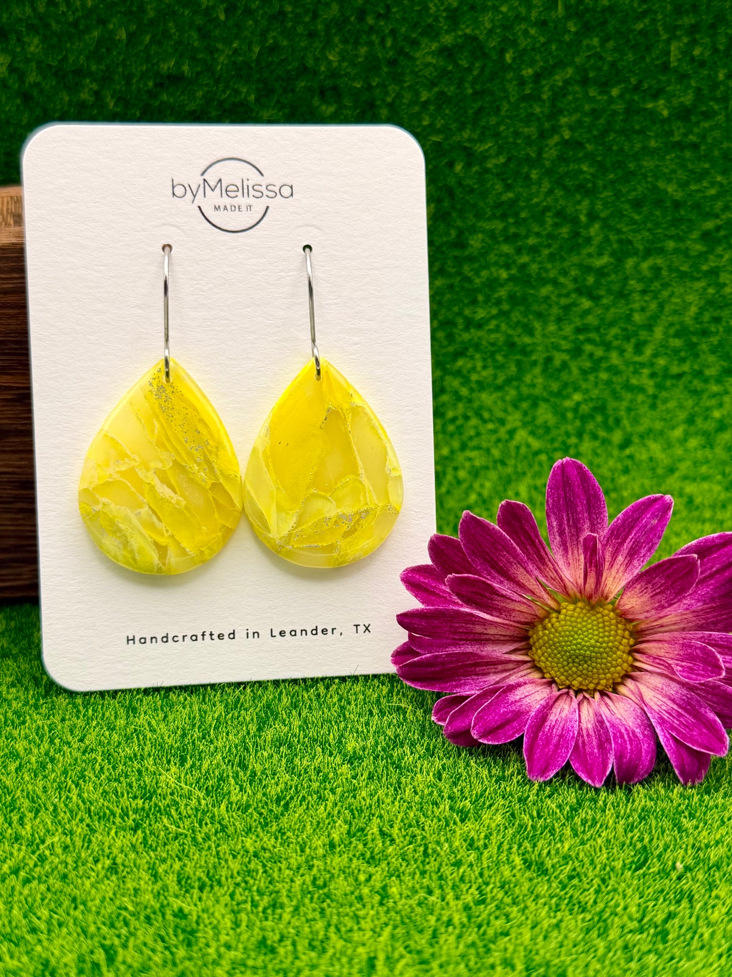 Yellow Small Wide Teardrop Drop Earrings in Silver
