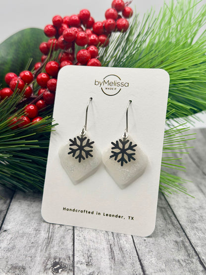 White and Silver Rounded Square Drop Earrings with Snowflake Charm