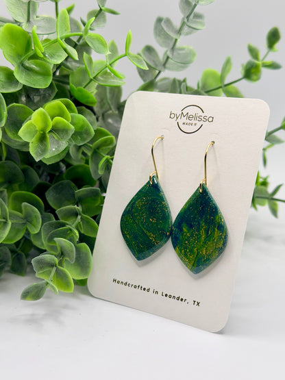 Navy and Gold Small Wide Leaf Drop Earrings in Gold