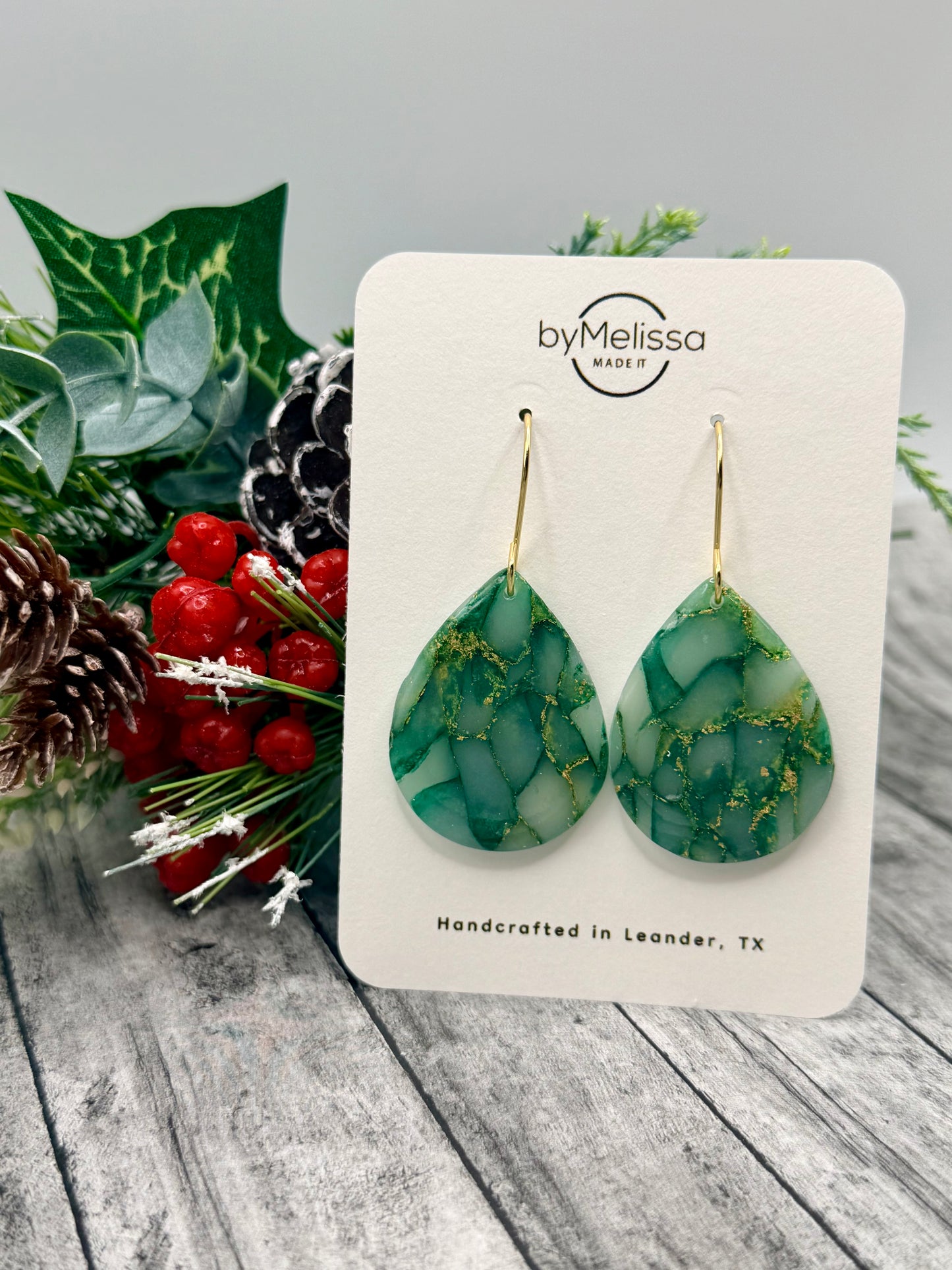 Green and Gold Small Wide Teardrop Drop Earrings