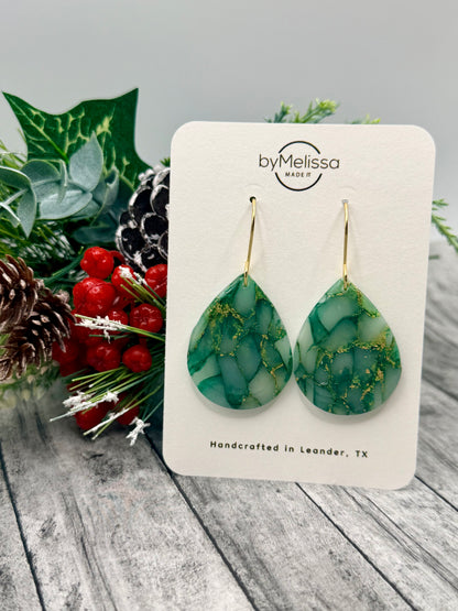 Green and Gold Small Wide Teardrop Drop Earrings