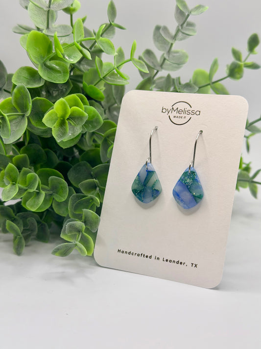 Forest Green and Blue Petite Kite Drop Earrings in Silver