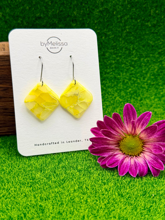 Yellow Small Rounded Square Drop Earrings in Silver