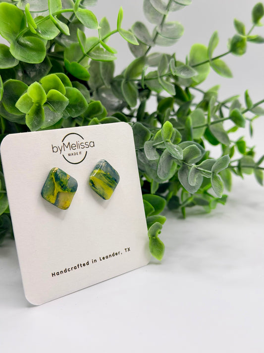 Navy and Gold Round Square Stud Earrings