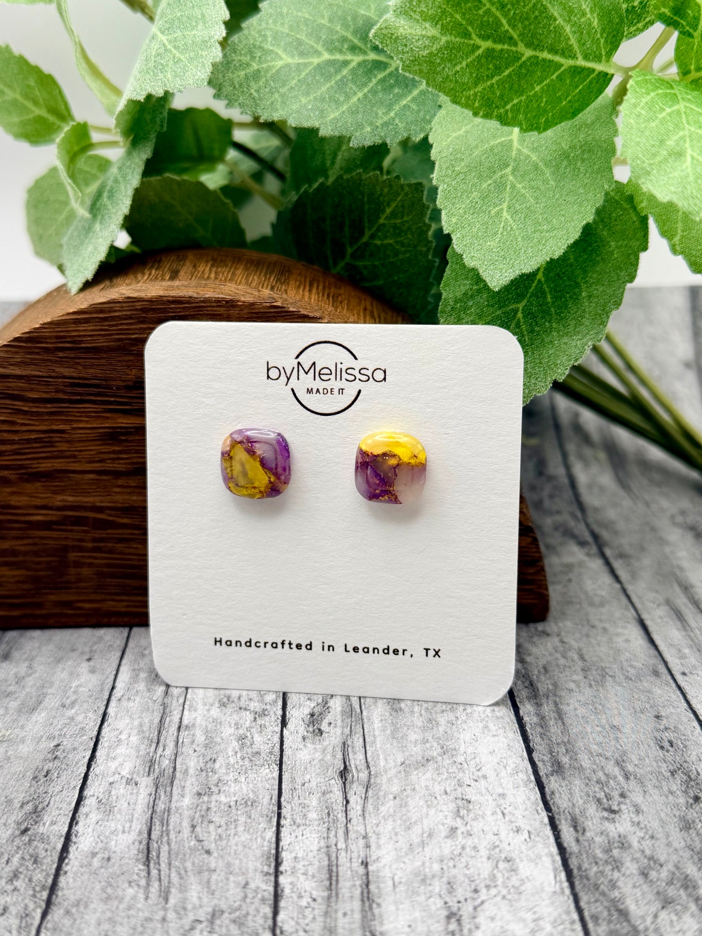 Purple and Gold Small Embedded Square Stud Earrings