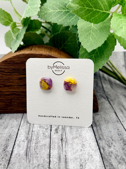 Purple and Gold Small Embedded Square Stud Earrings