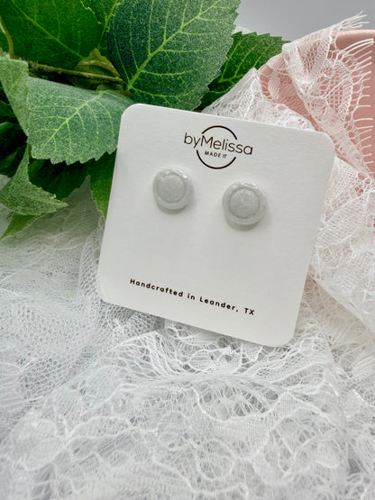 White and Silver Small Embedded Circle Stud Earrings