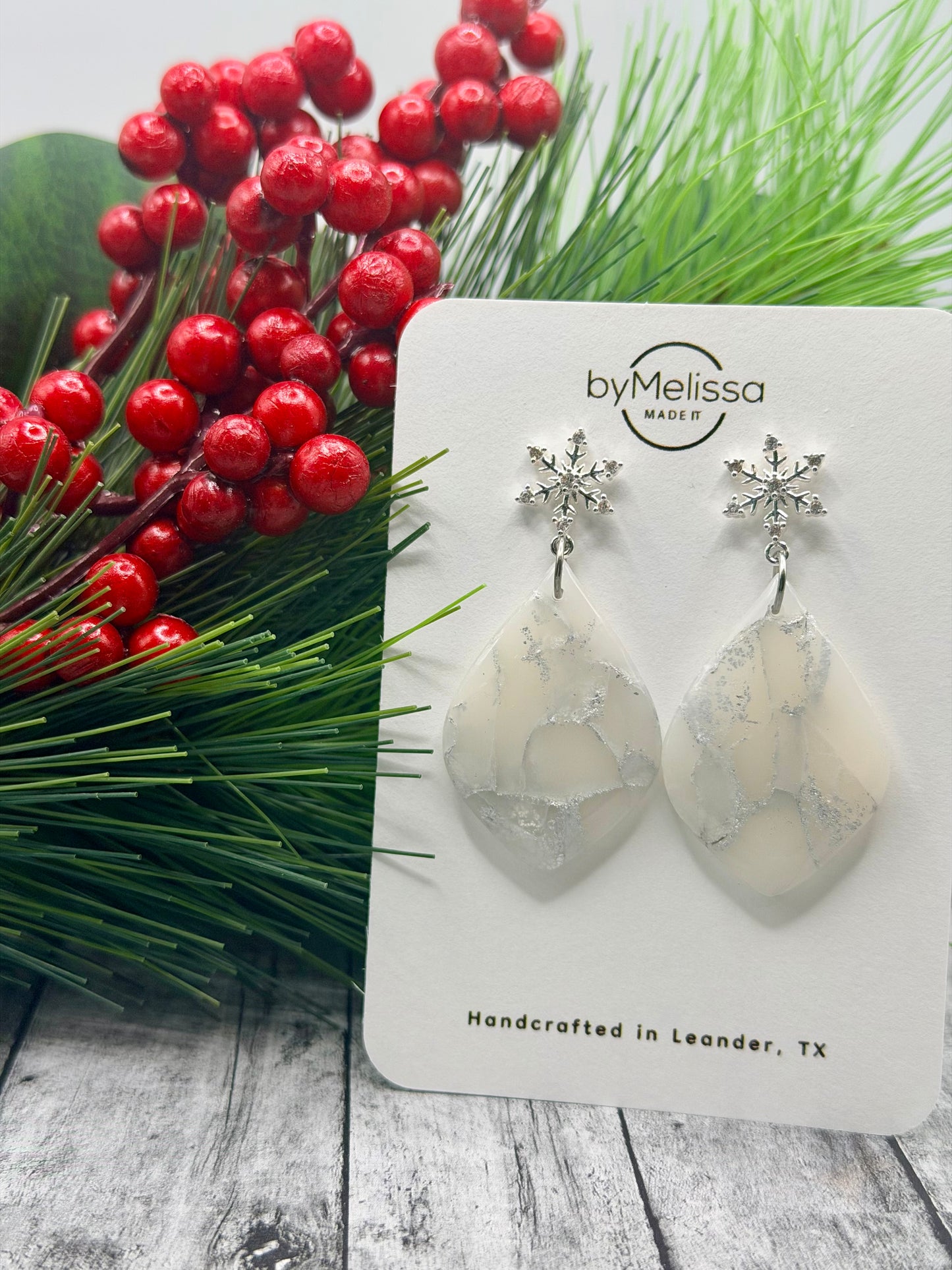 White and Silver Small Wide Leaf with Silver Snowflake Studs