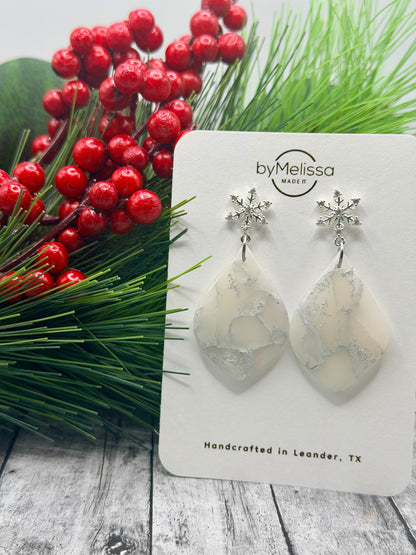 White and Silver Small Wide Leaf with Silver Snowflake Studs