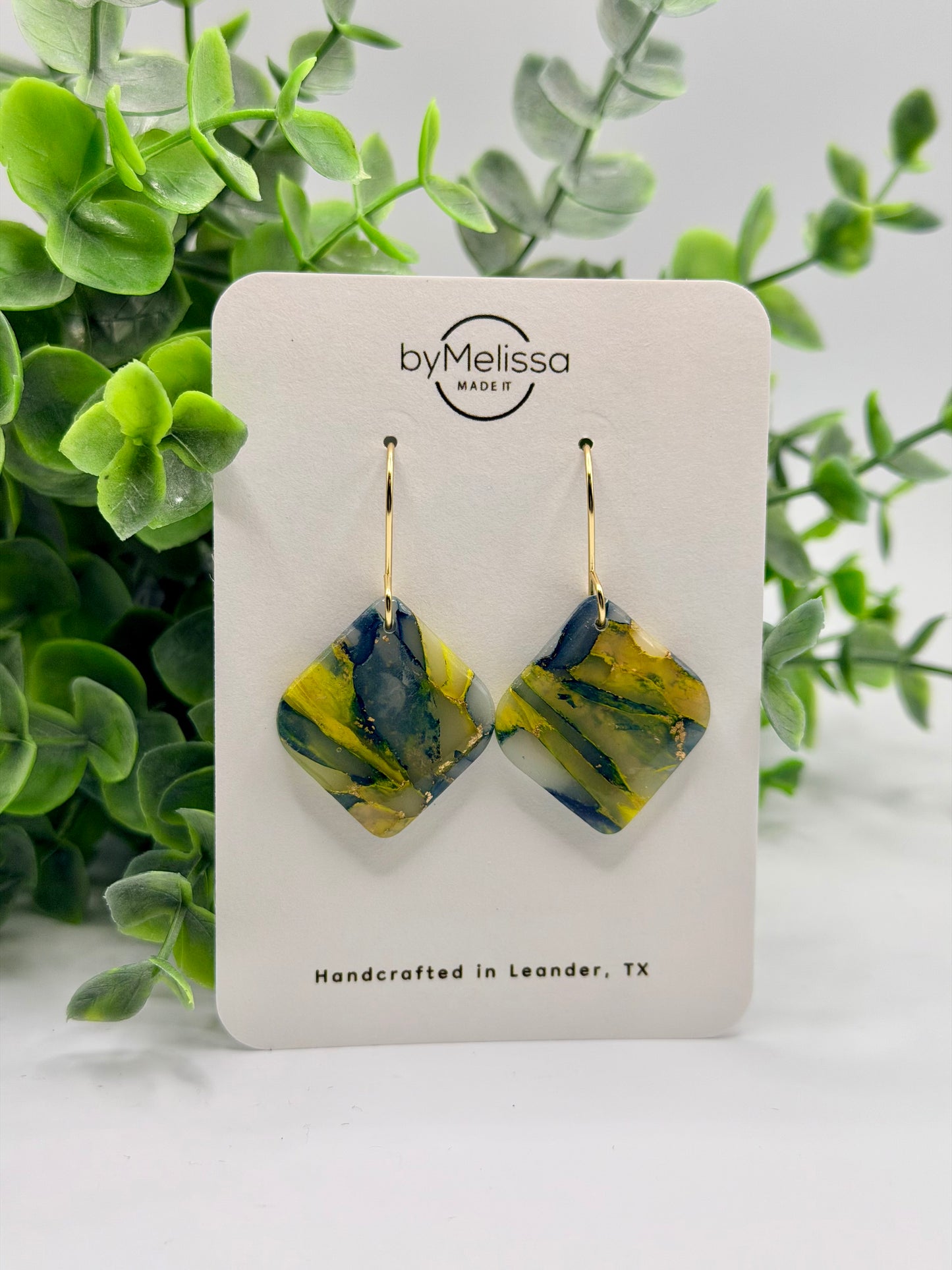 Navy and Gold Small Rounded Square Drop Earrings in Gold