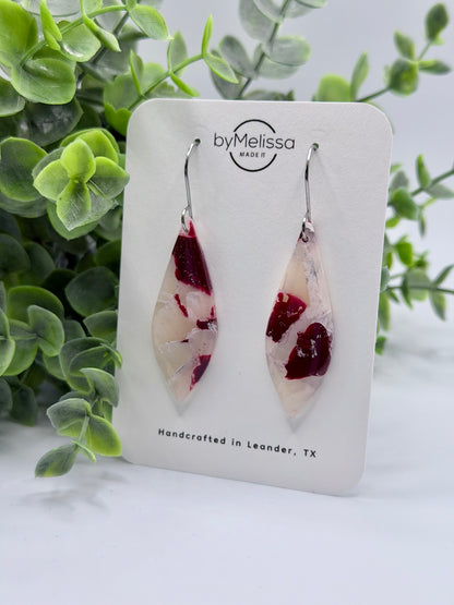 Maroon and White Small Elongated Kite Drop Earrings in Silver