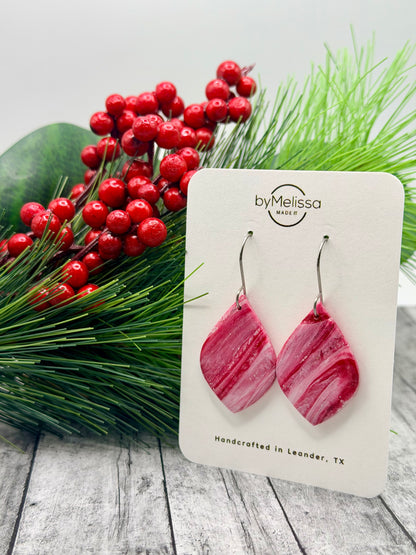 Red and White Small Wide Leaf Drop Earrings in Silver