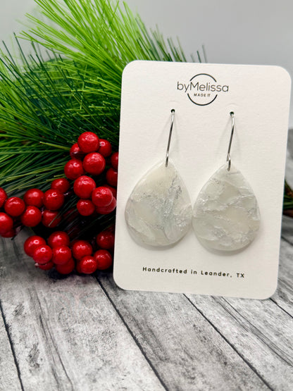 White and Silver Small Wide Teardrop Drop Earrings