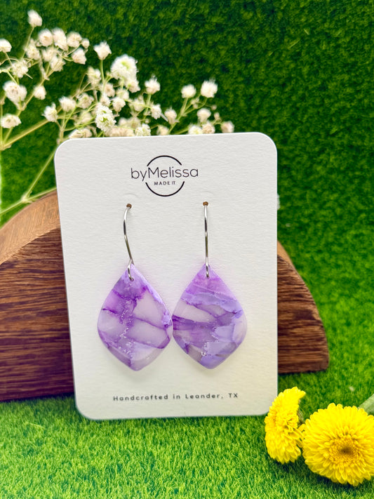 Purple Small Wide Leaf Drop Earrings in Silver