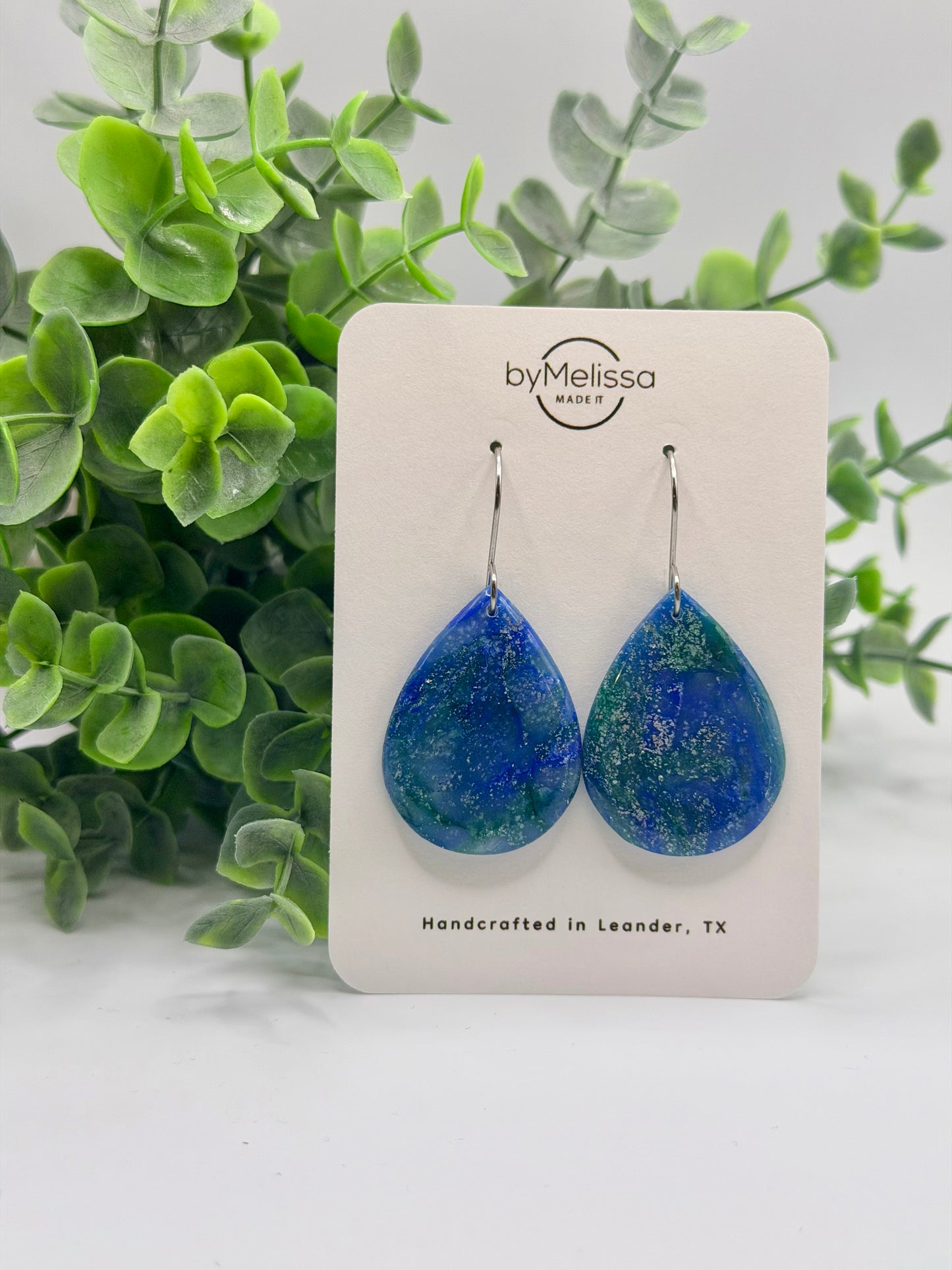 Forest Green and Blue Small Wide Teardrop Drop Earrings in Silver