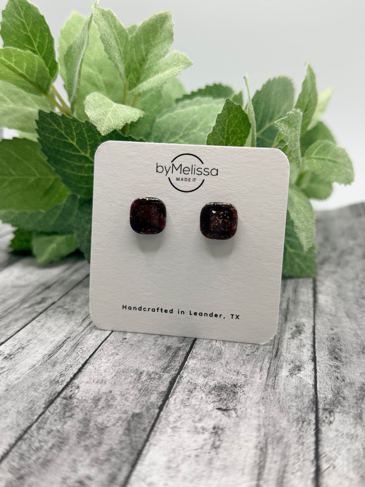 Maroon and Black Small Embedded Square Stud Earrings