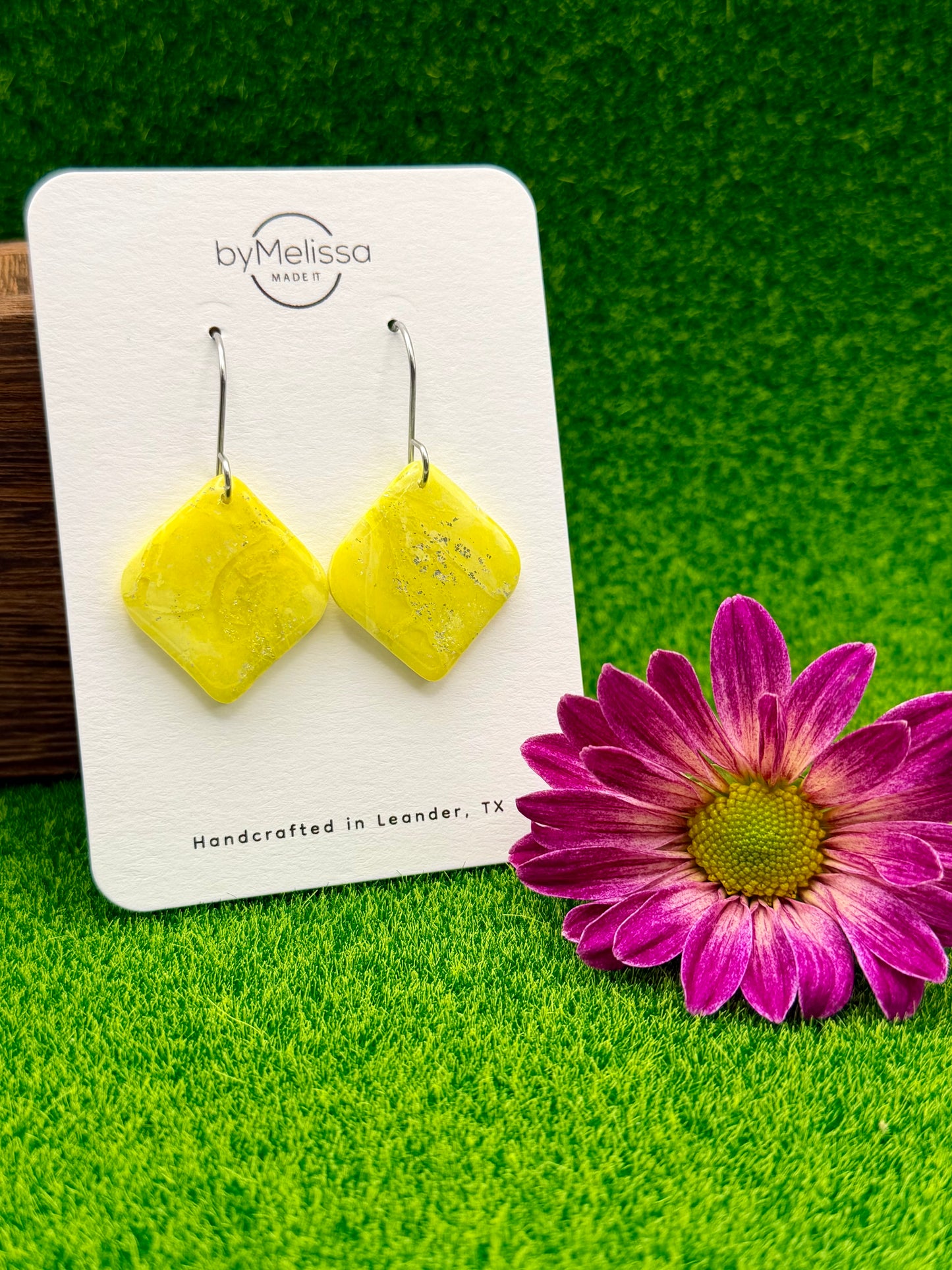 Yellow Small Rounded Square Drop Earrings in Silver