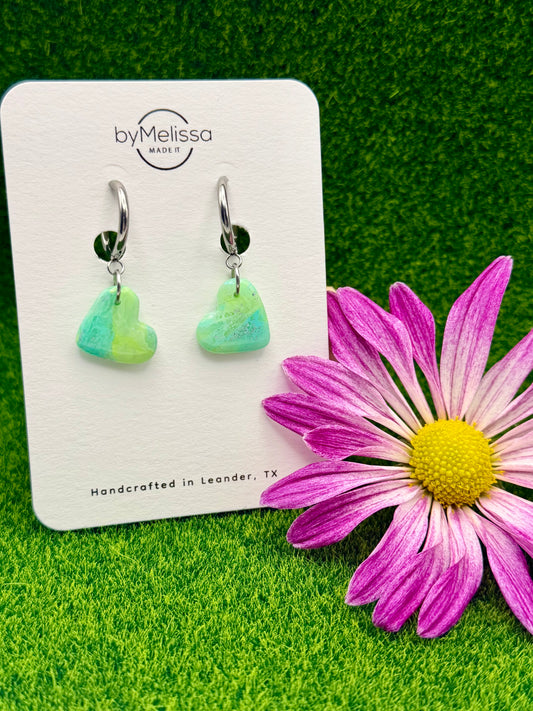 Lime and Turquoise Heart Huggie Hoop Earrings