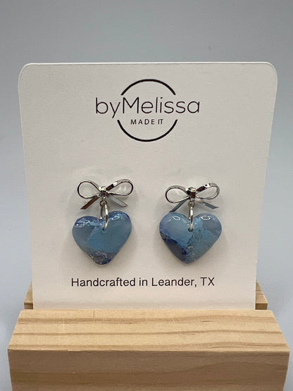 Navy and Columbia Blue Bowknot Heart Earrings in Silver