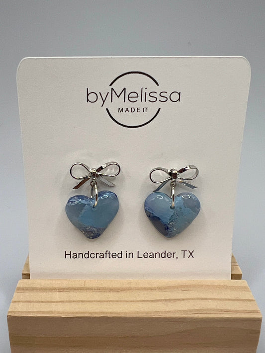 Navy and Columbia Blue Bowknot Heart Earrings in Silver