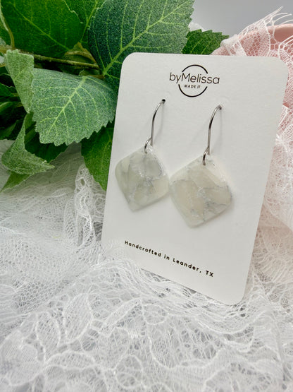 White and Silver Rounded Square Drop Earrings