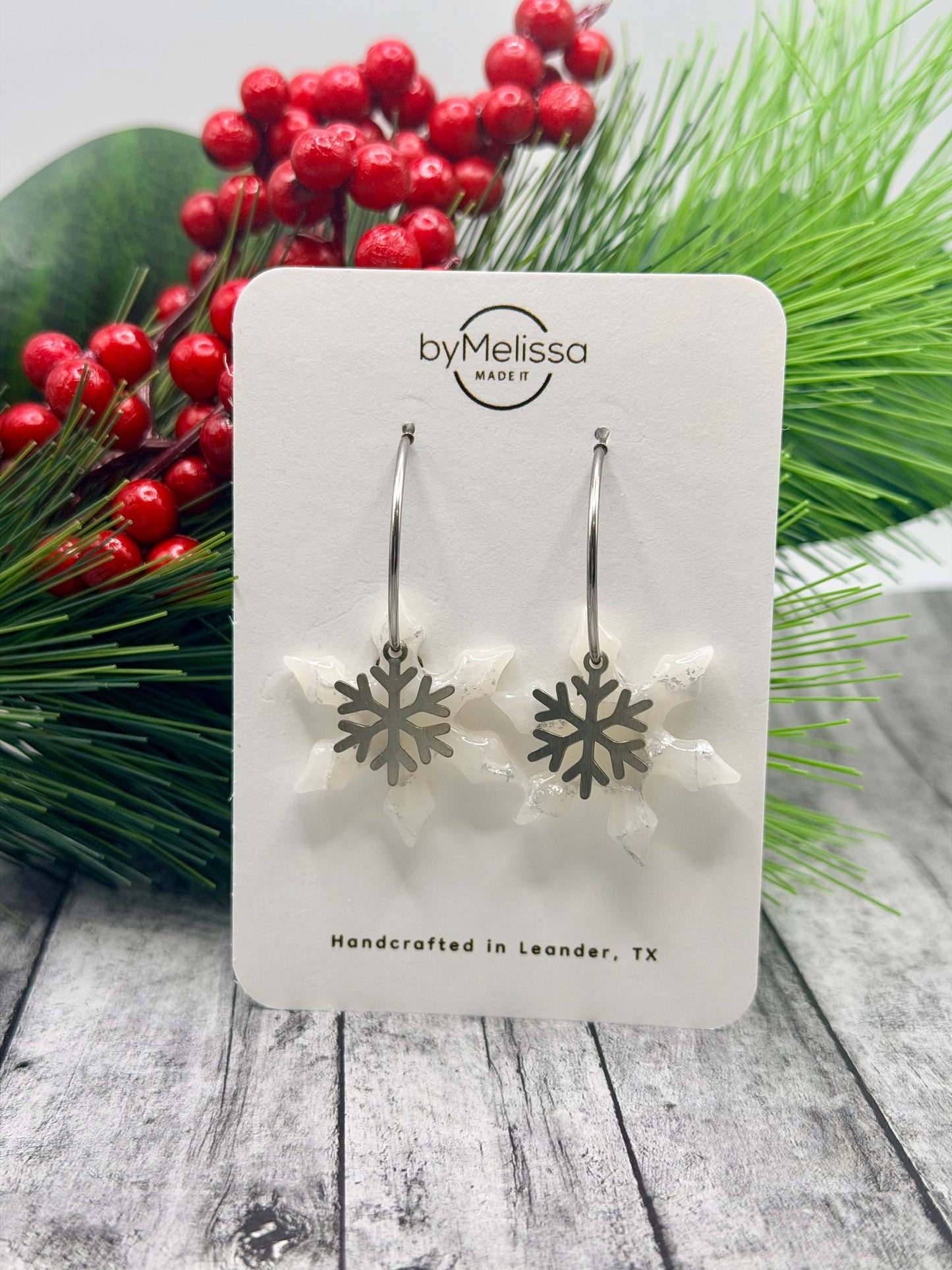 White and Silver Snowflake Hoop Earrings with Snowflake Charm