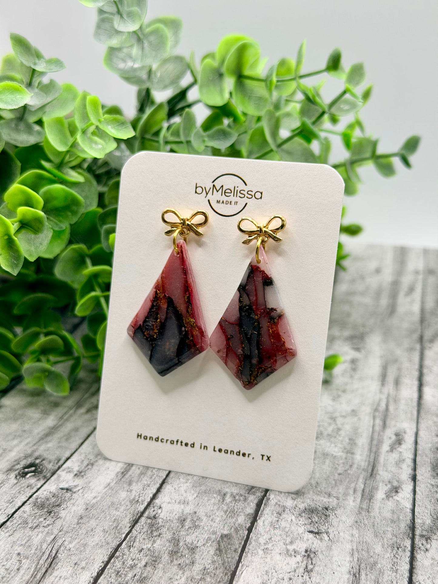 Maroon and Black Medium Kite Earrings with Gold Bow Studs