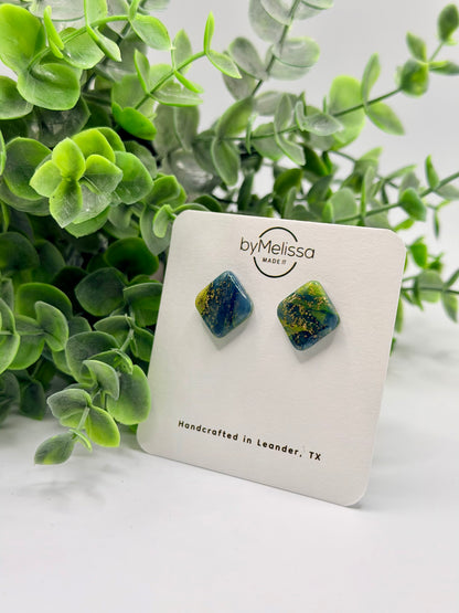 Navy and Gold Round Square Stud Earrings