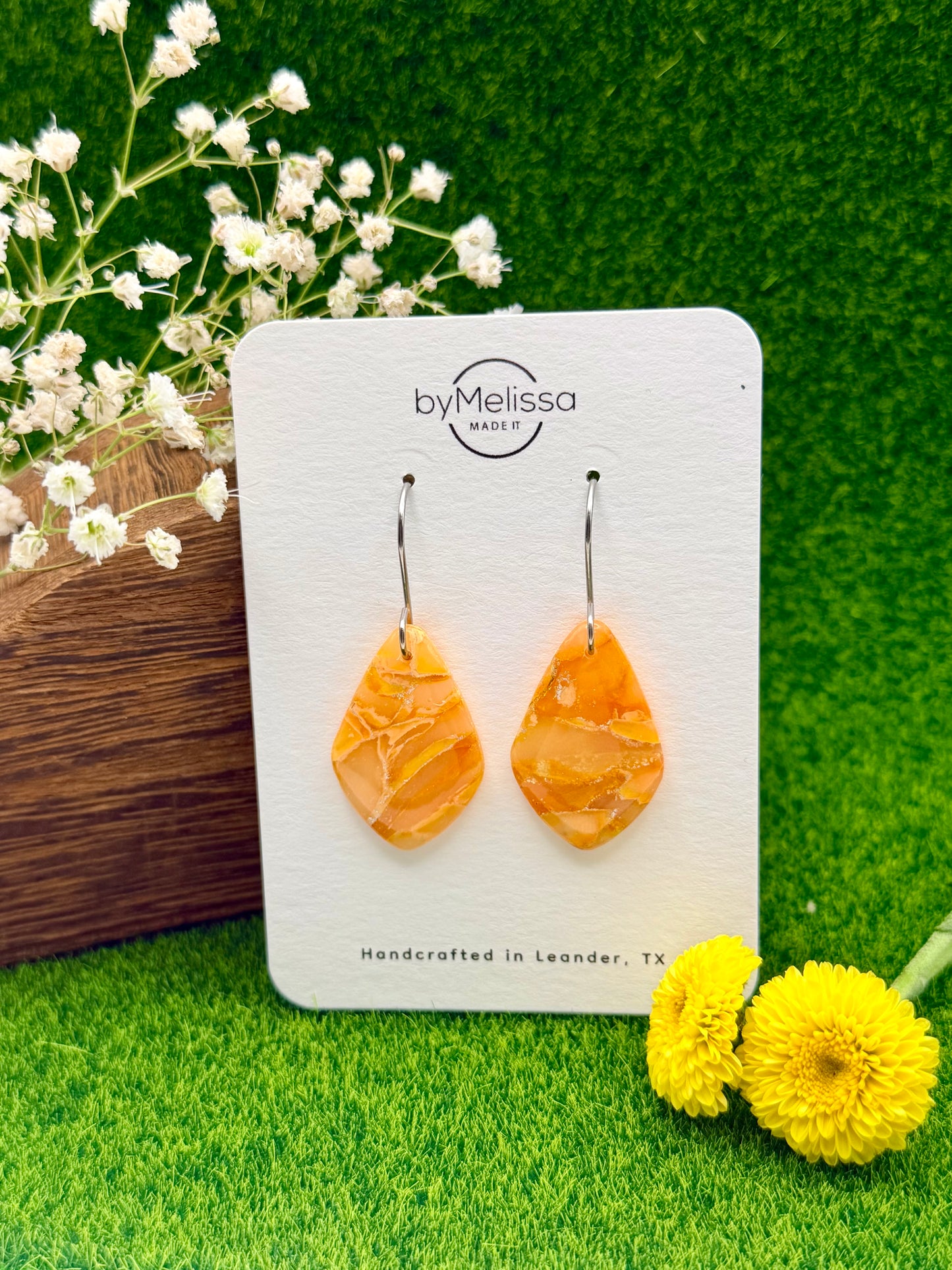 Orange Small Kite Drop Earrings in Silver