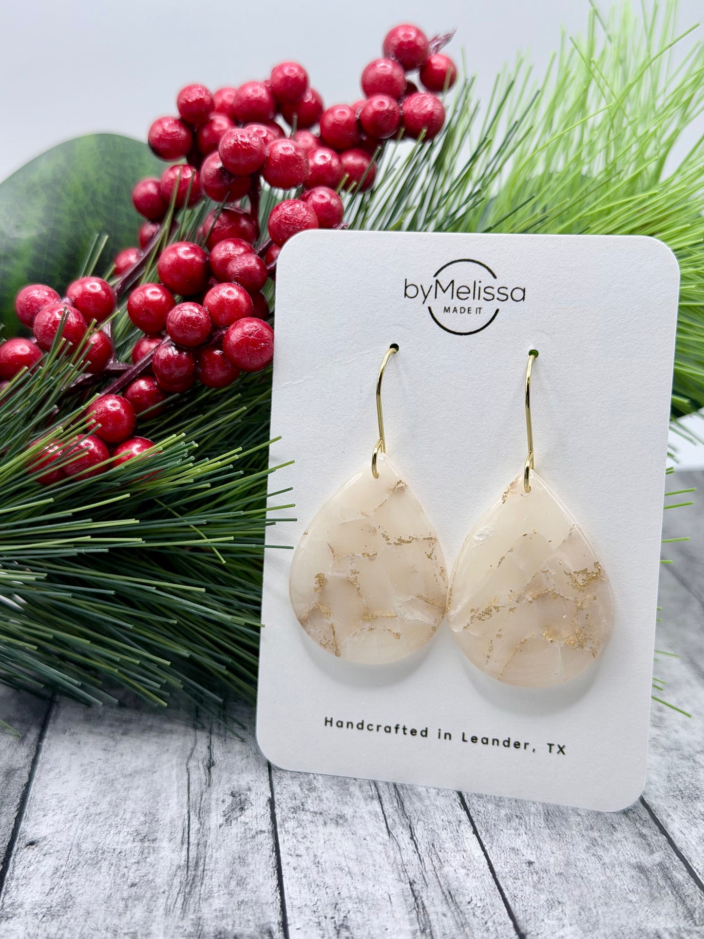 White and Gold Small Wide Teardrop Drop Earrings