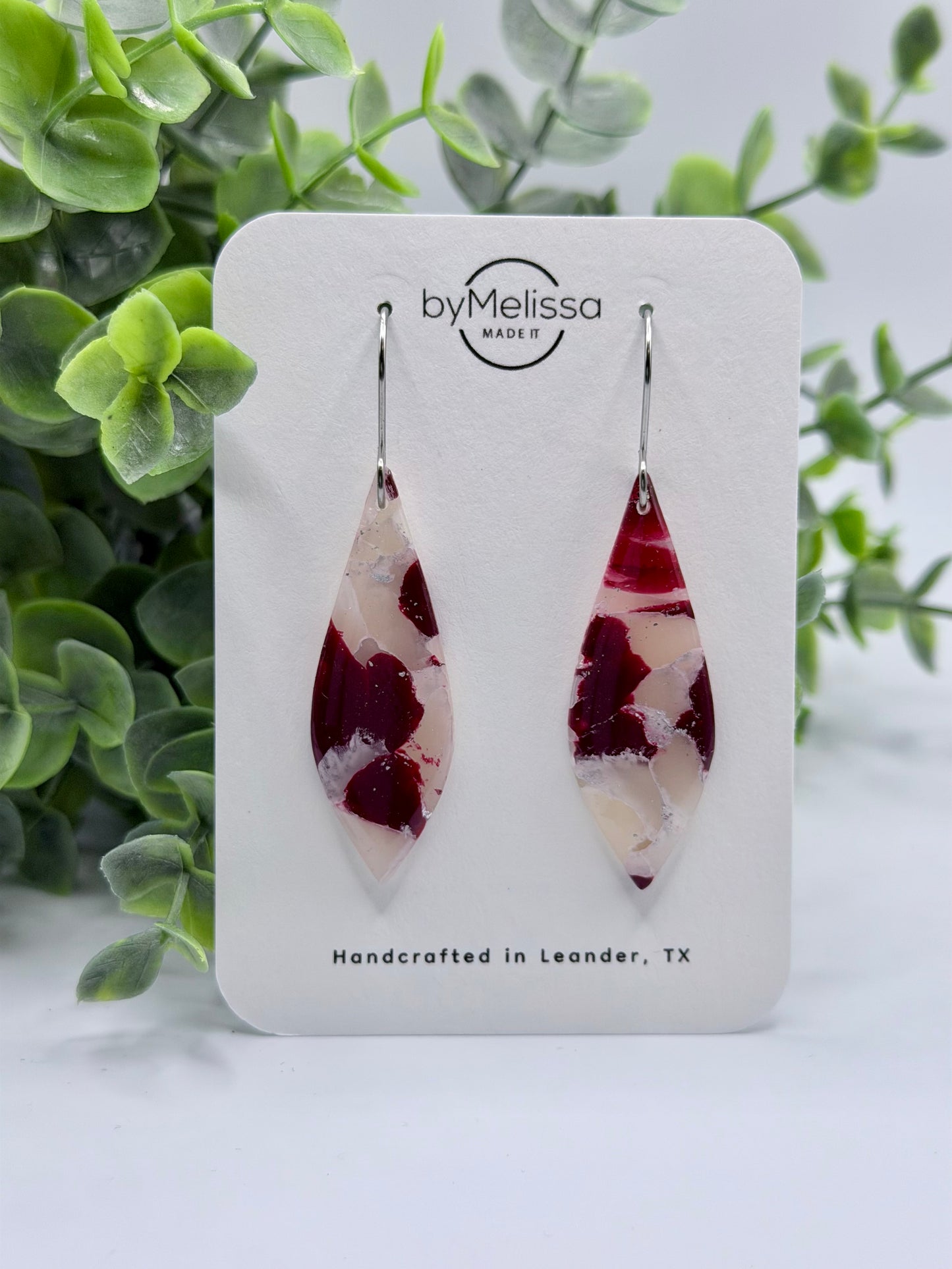 Maroon and White Small Elongated Kite Drop Earrings in Silver