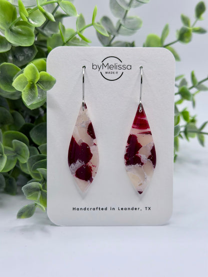 Maroon and White Small Elongated Kite Drop Earrings in Silver