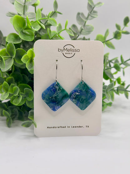 Forest Green and Blue Small Rounded Square Drop Earrings in Silver