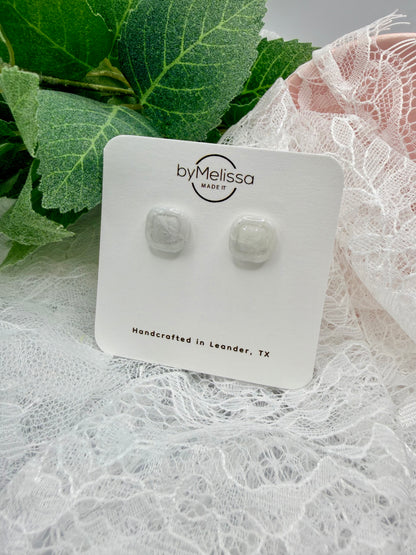 White and Silver Small Embedded Square Stud Earrings