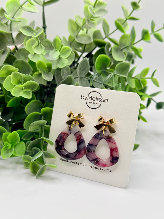 Maroon and Black Open Triangle Drop with Gold Bows